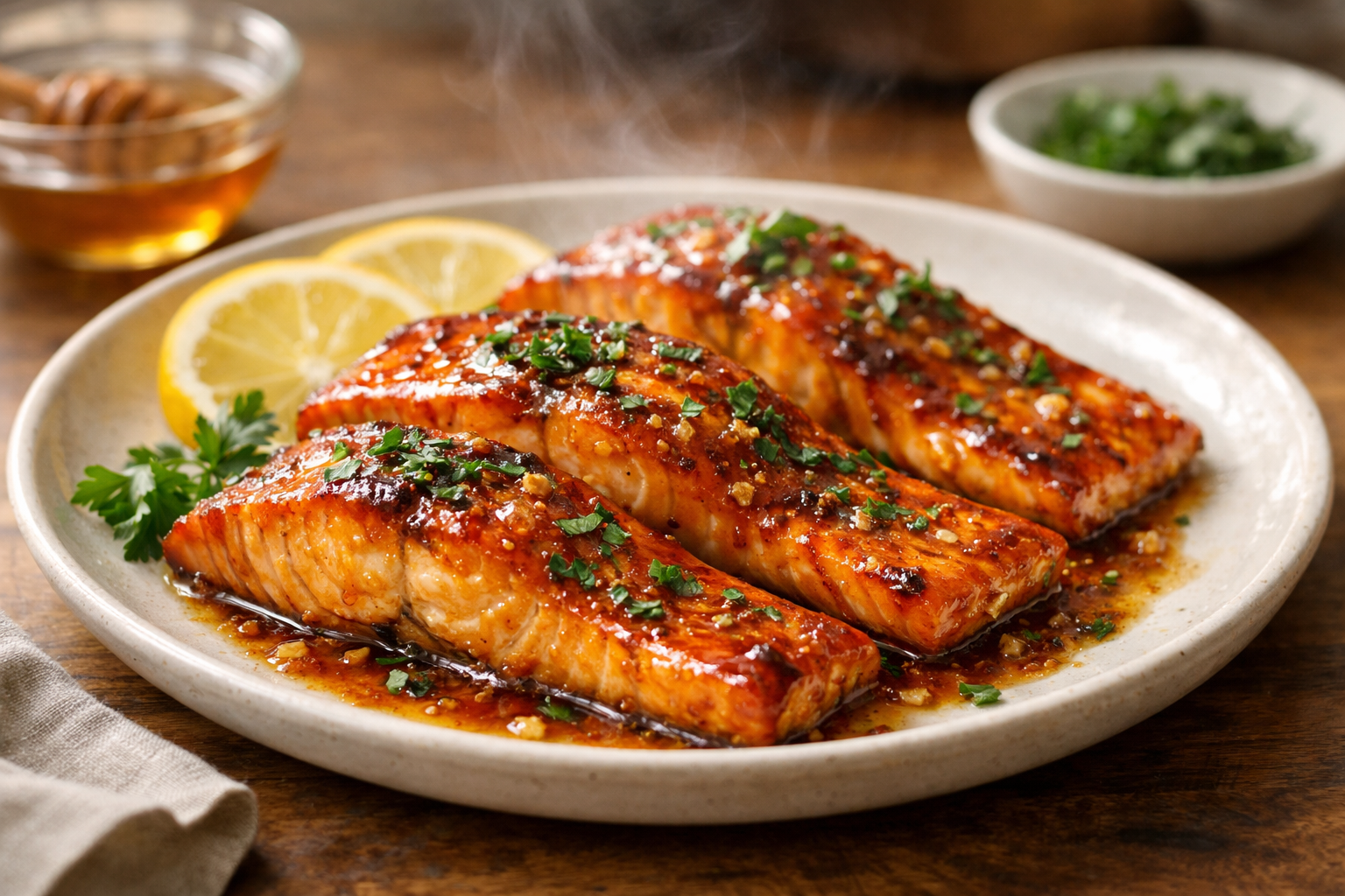 Honey Garlic Butter Salmon on a plate with fresh herbs