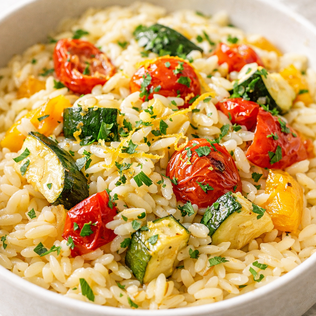 Lemon orzo with roasted veggies